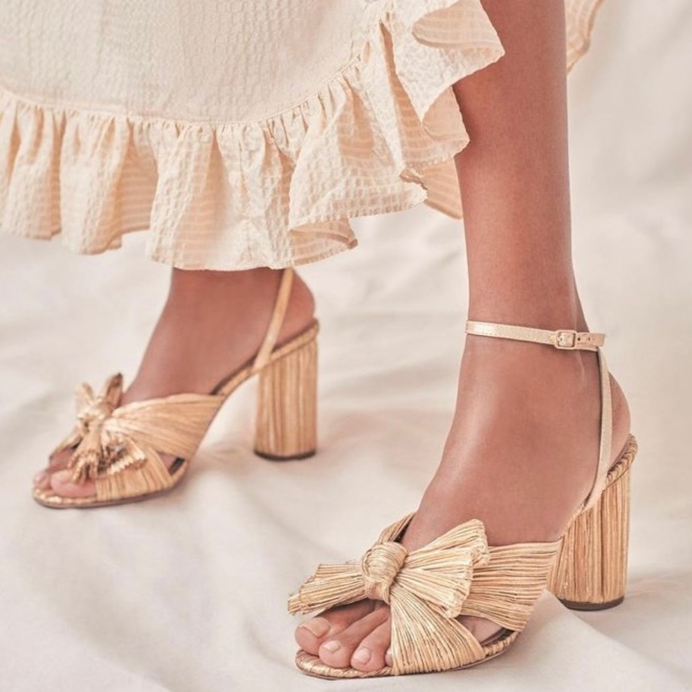 NEW {Loeffler Randall} Camellia Penny Bow Lamé Gold Sandals sz 8.5